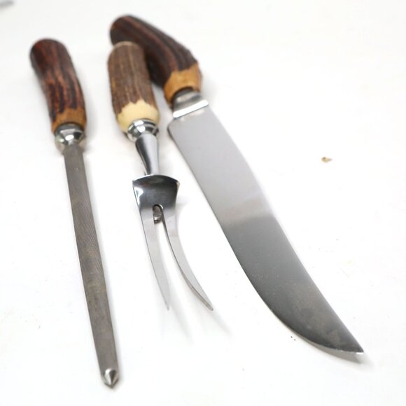 VINTAGE CARVERS SHEFFIELD Staghorn Carving Set  Knife Fork Sharpener Horn Handle - Picture 7 of 12